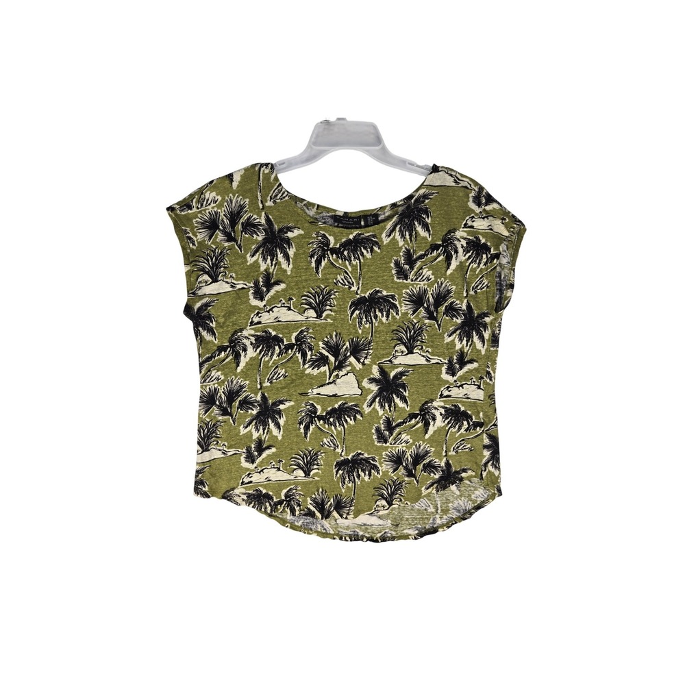 Tahari Linen Top Womens XL Palm Tree Green Tropical Short Sleeve EUC
